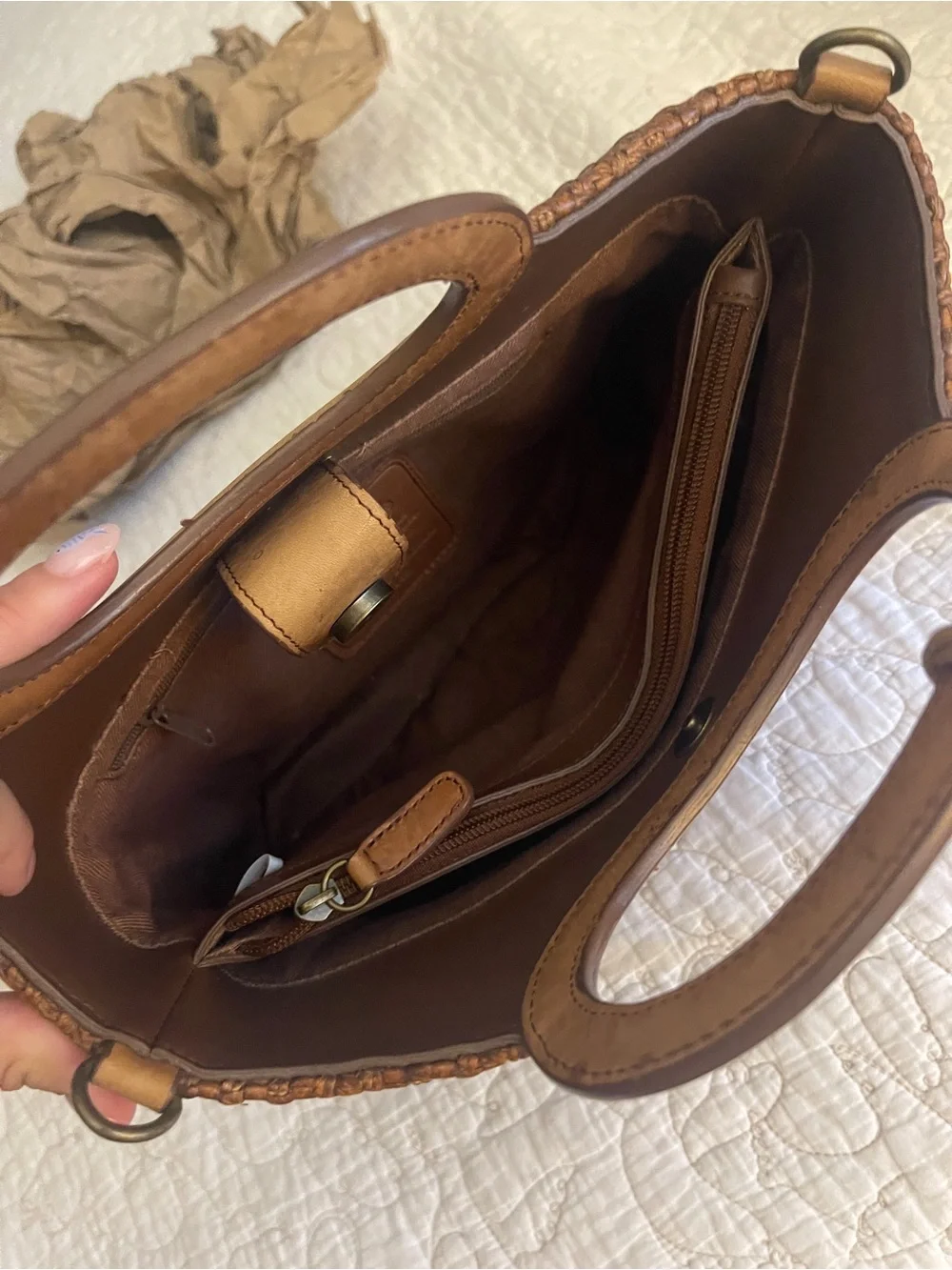 Fossil Woven Leather Tote Bag Brown Top Handle Satchel Crossbody Summer - Picture 6 of 7